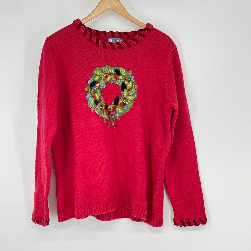 Koret Red Christmas Wreath Ugly Sweater Size L Long Sleeve‎ Velvet Trim Novelty